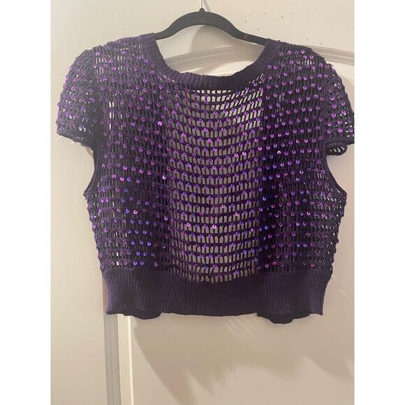 Sweater crochet shrug Boloro purple sequins also reversible sequence on outside - Picture 1 of 2